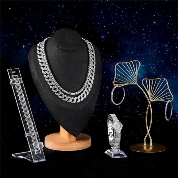 Cuban Link Jewelry Set – Women's 4-Piece Rhinestone Necklace, Bracelet, Earrings - Picture 4 of 5